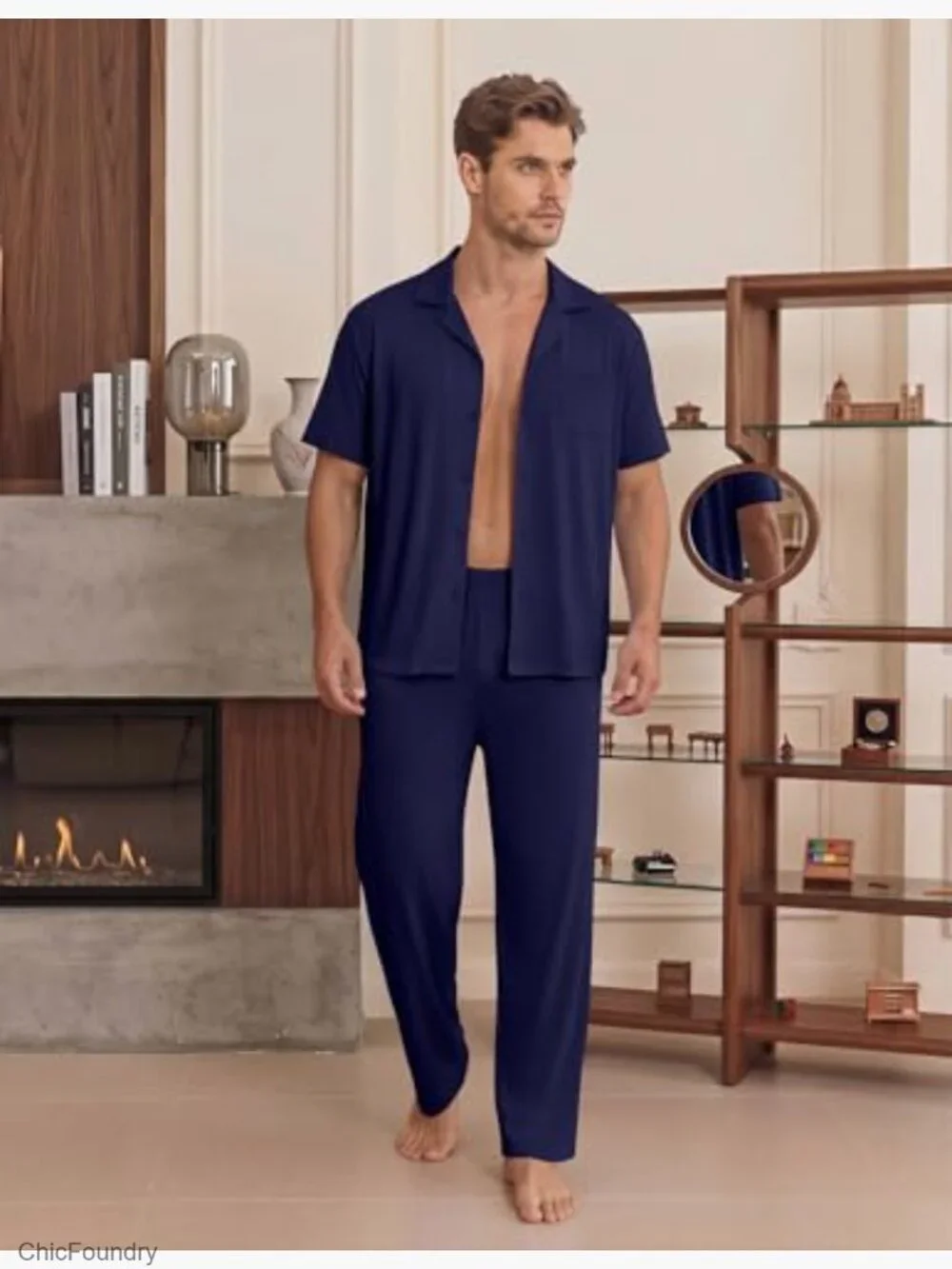 Mens Pajama Set Short Sleeve Button Down Sleepwear Long Pant Lounge Set with